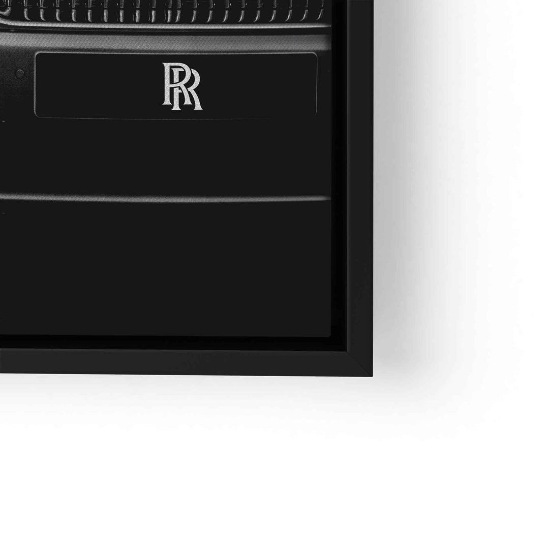 Modernes Wandbild mit schwarzem Rolls-Royce-Grill und Logo, Nahaufnahme, elegant