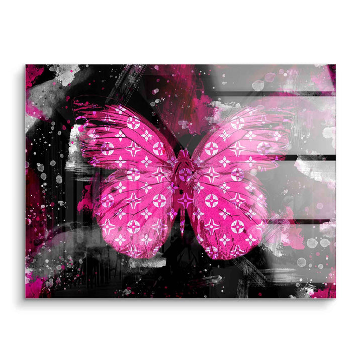Modernes Wandbild mit rosa Schmetterling und stilisiertem Muster auf schwarzem Hintergrund