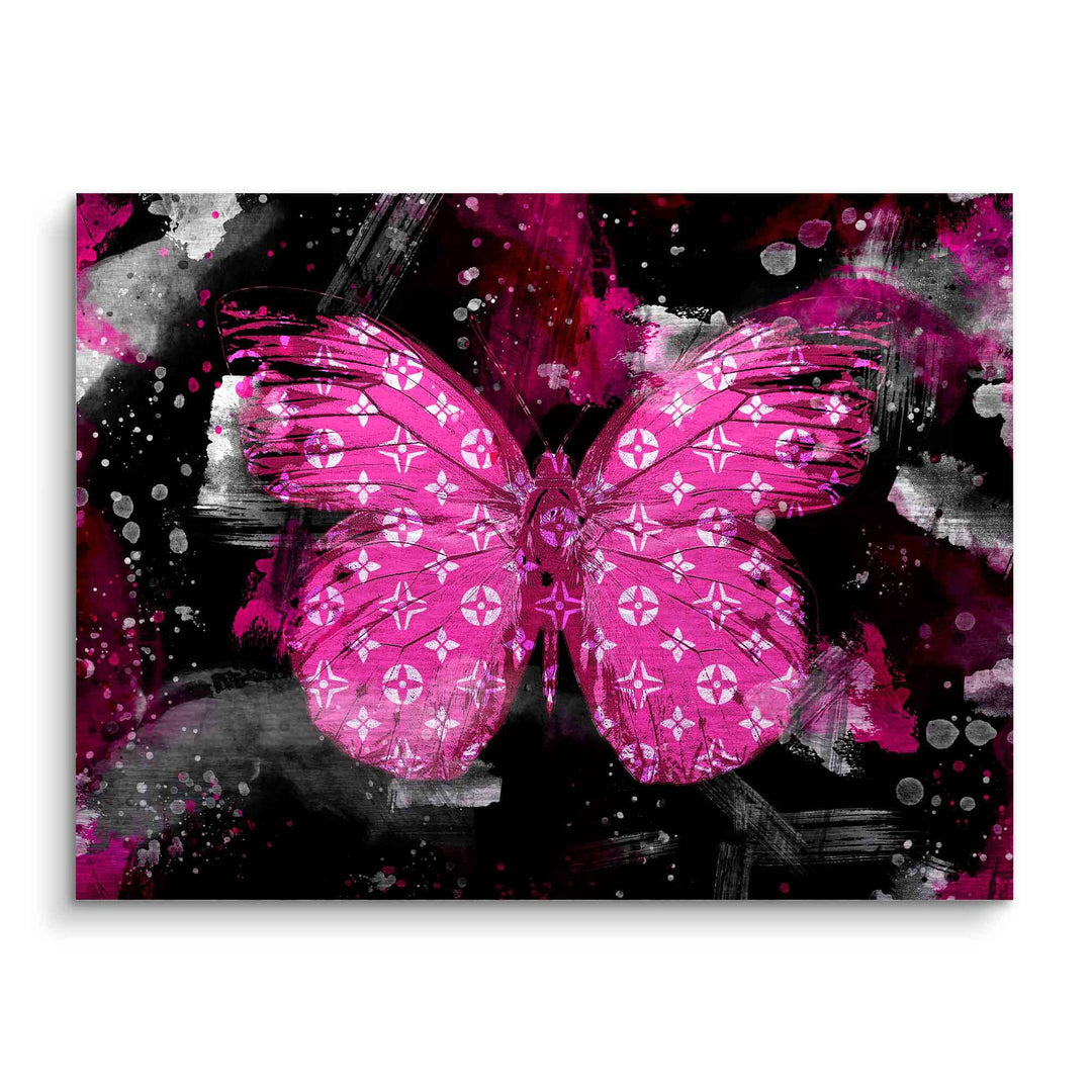 Modernes Wandbild mit rosa Schmetterling und Muster auf schwarzem abstraktem Hintergrund