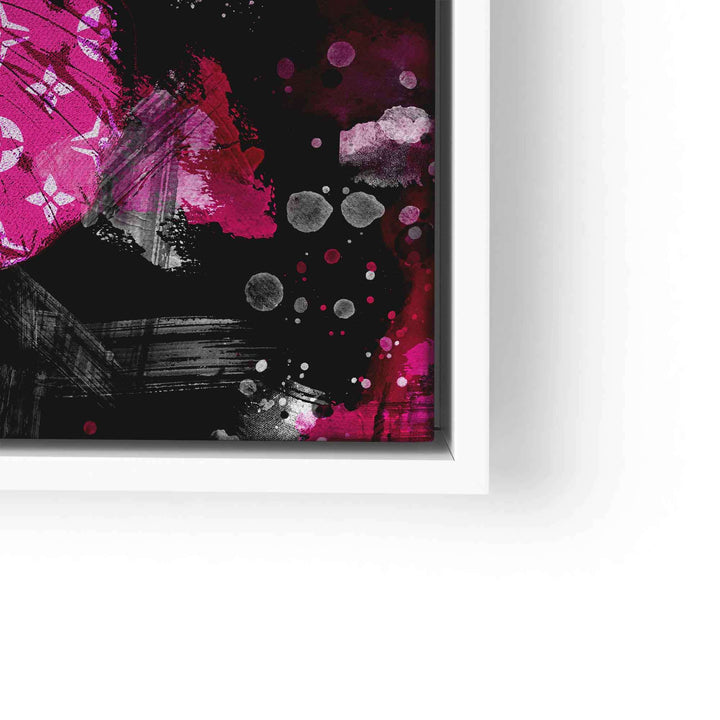 Modernes Wandbild mit rosa Schmetterling und abstrakten Mustern auf schwarzem Hintergrund