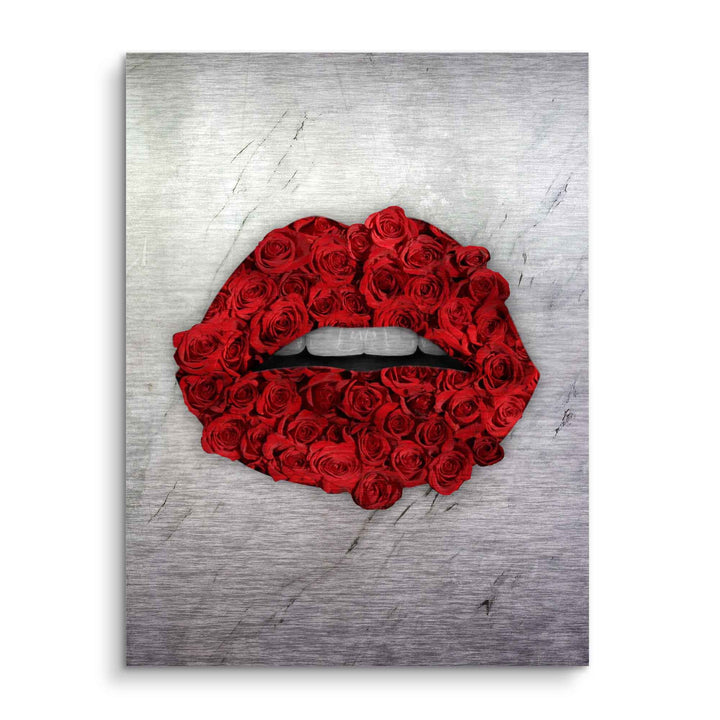 Modernes Wandbild mit roten Rosen in Lippenform auf grauem Hintergrund