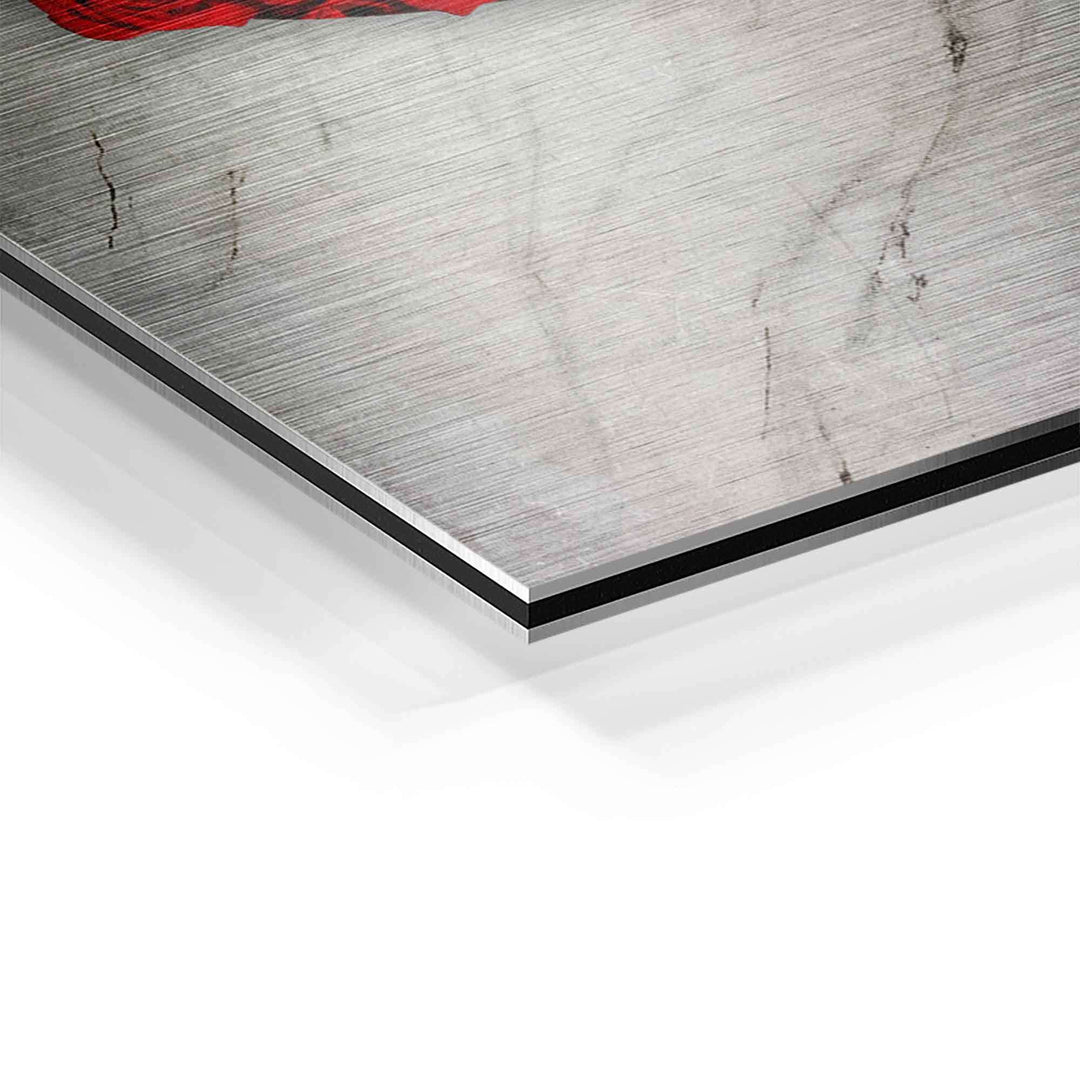 Detailansicht eines Wandbilds auf Aluminium mit gebürsteter Oberfläche und rotem Farbakzent