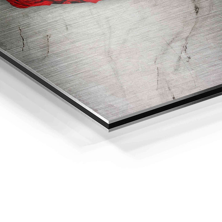 Detailansicht eines Wandbilds auf Aluminium mit gebürsteter Oberfläche und rotem Farbakzent