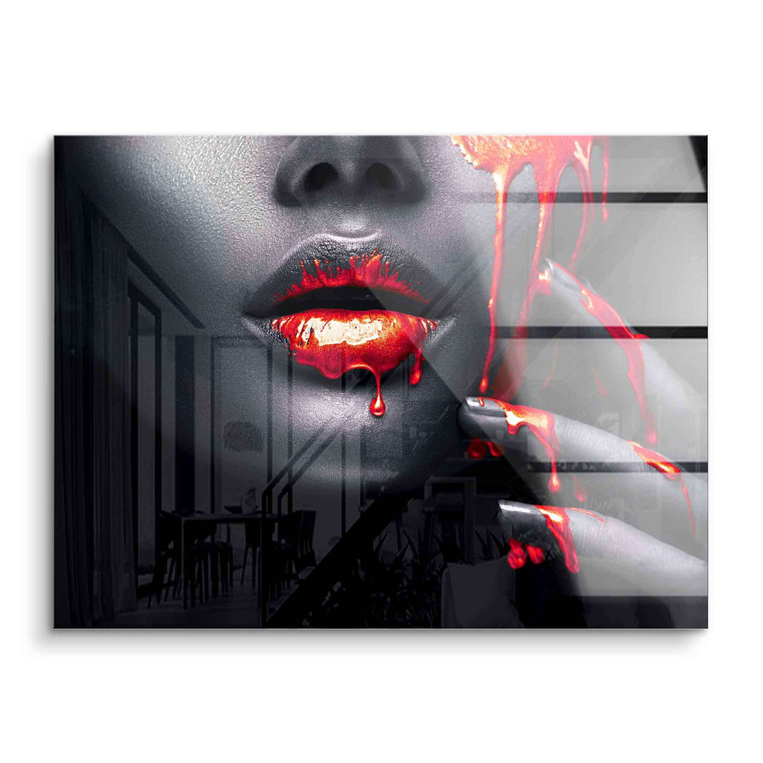 Modernes Wandbild mit roten, tropfenden Lippen, Kunstbild auf Acryl, Pop Art Stil