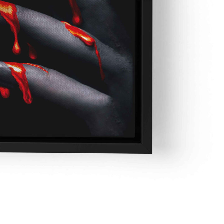 Modernes Wandbild, rote Farbe als Splash auf dunkler Hand, Pop Art Dekoration