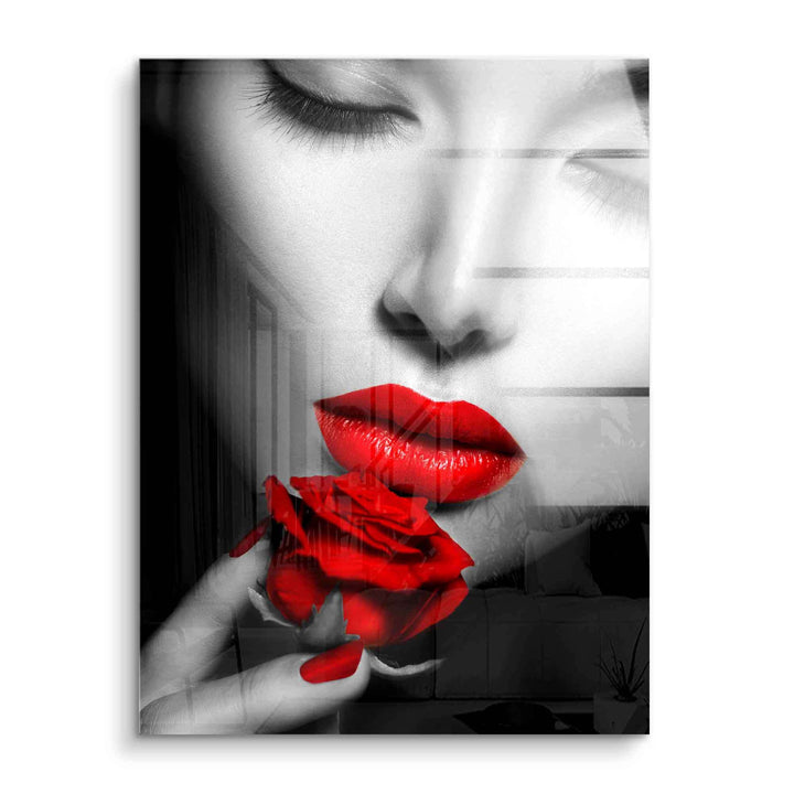 Wandbild Frau mit roten Lippen und roter Rose, Schwarz-Weiß-Art auf Acrylglas