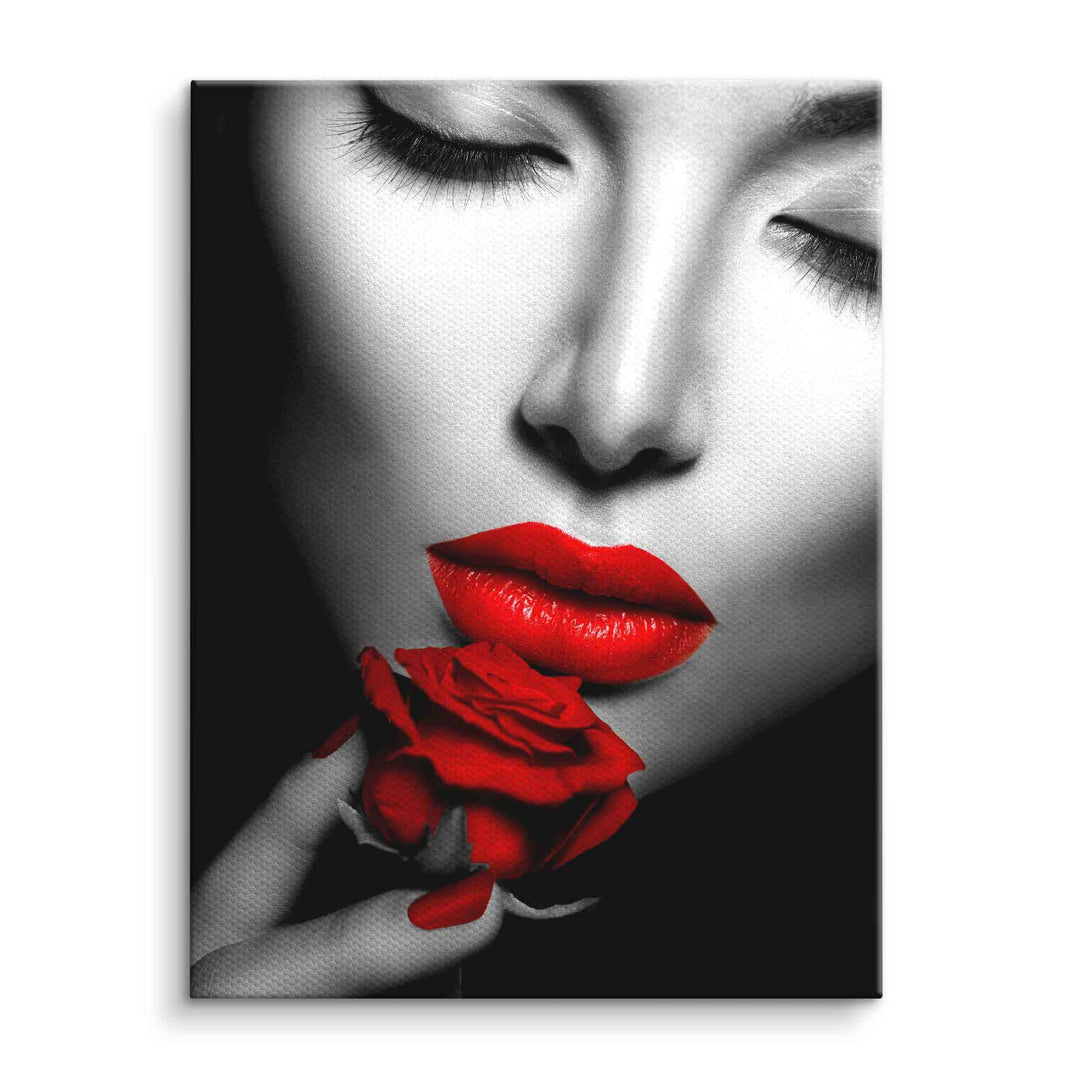 Leinwandbild Frau mit roten Lippen und roter Rose, modernes Wandbild Kunst