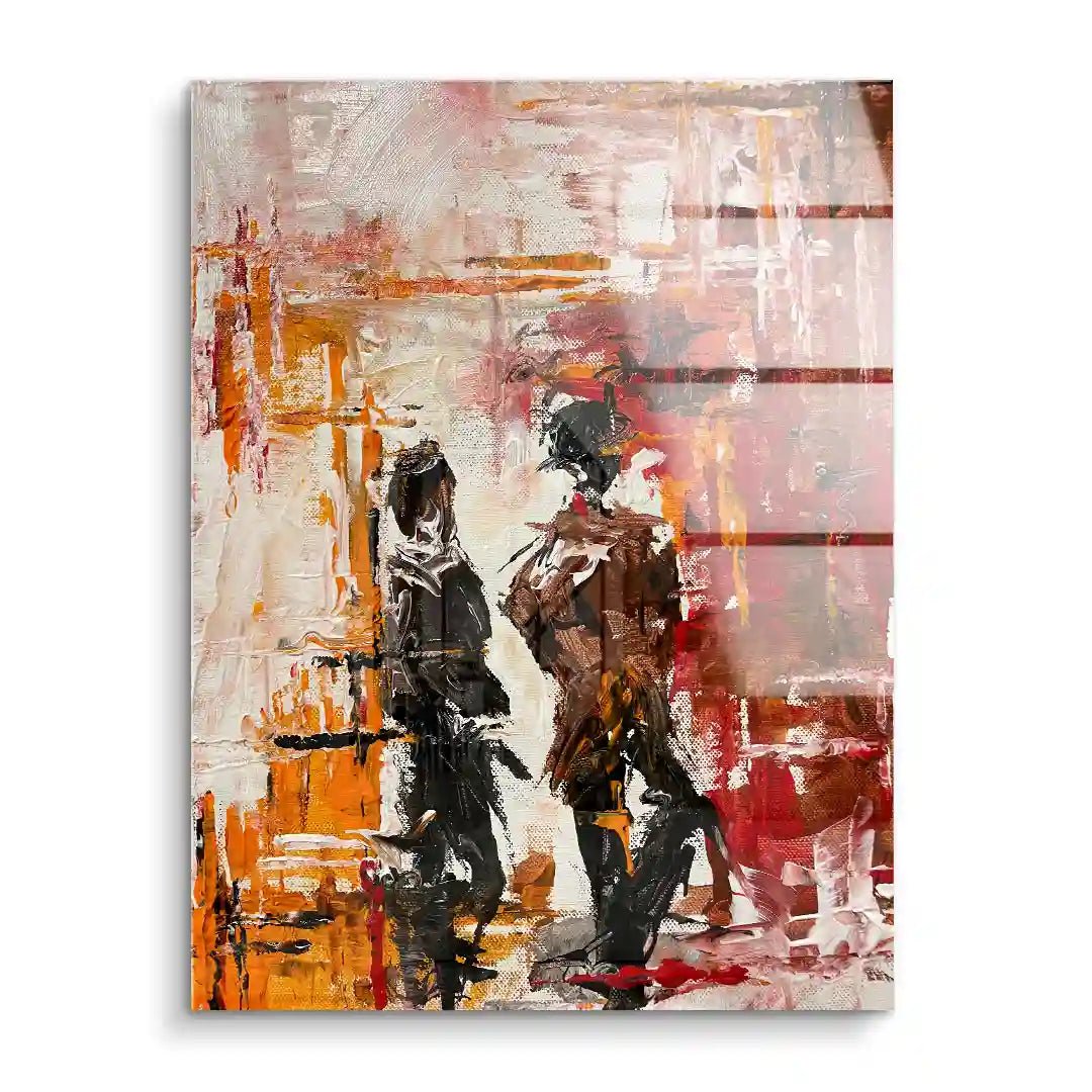 Abstraktes Acryl-Wandbild mit zwei Figuren und roten, orangen Farbakzenten