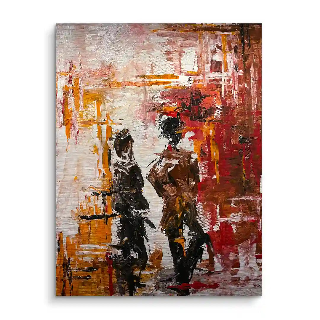 Abstraktes Wandbild mit zwei Personen in Rot- und Brauntönen, moderne Kunst auf Leinwand