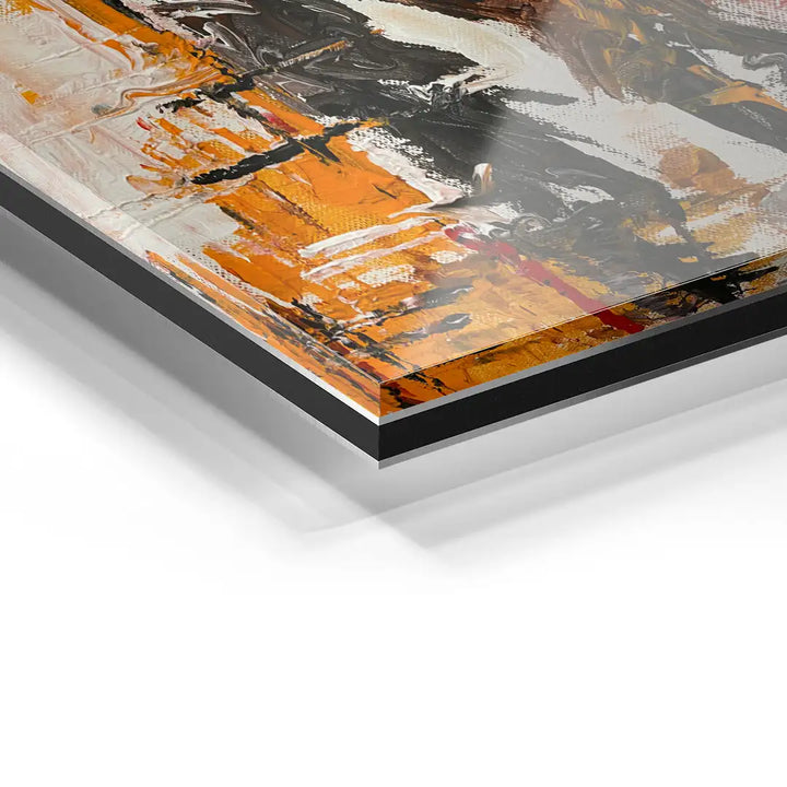 Detailfoto abstraktes Wandbild auf Acrylglas mit orange, schwarz und weißer Struktur