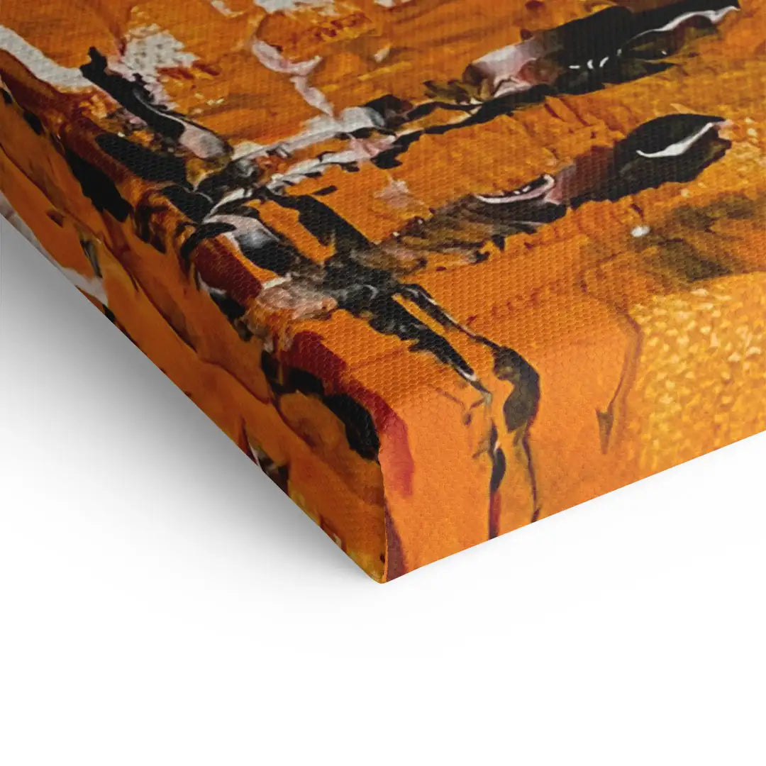 Detail eines abstrakten Wandbilds mit orange-roten Acrylfarben auf Leinwand