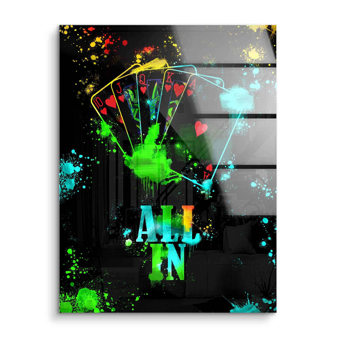 Modernes Wandbild mit Royal Flush Pokerkarten und bunten Farbspritzern auf Acryl