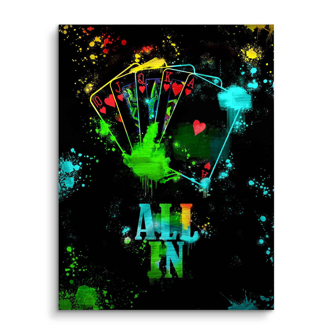 Modernes Wandbild mit Royal Flush Pokerkarten, bunten Farbspritzern und Schriftzug 'All In'.
