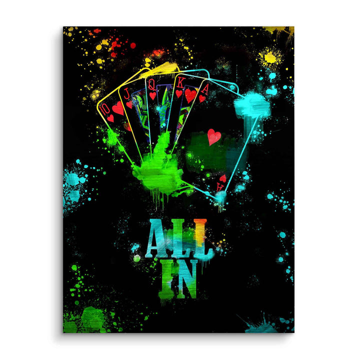 Modernes Wandbild mit Royal Flush Pokerkarten, bunten Farbspritzern und Schriftzug 'All In'.