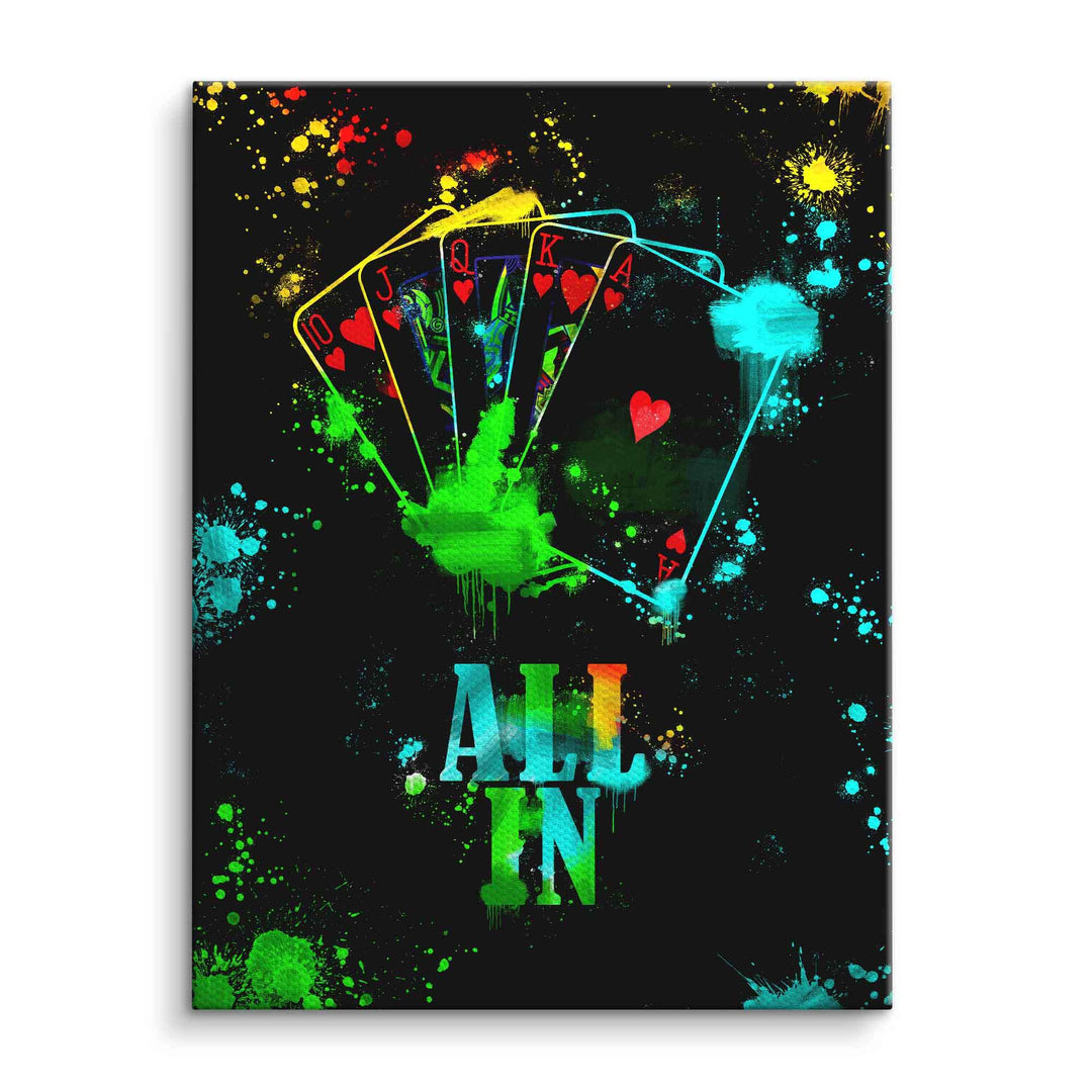 Modernes Poker Wandbild mit Royal Flush und bunten Farbspritzern auf schwarzem Hintergrund