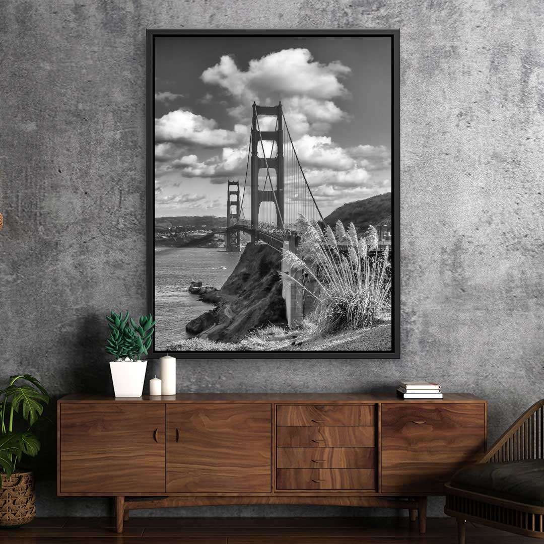 Wandbild Golden Gate Bridge in Schwarz-Weiß, modernes Wohnzimmer, San Francisco Kunstmotiv