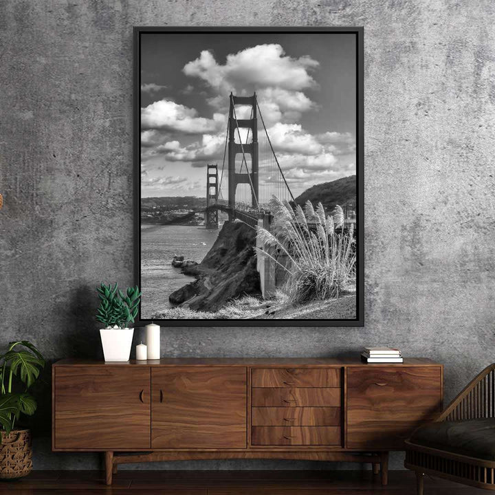 Wandbild Golden Gate Bridge in Schwarz-Weiß, modernes Wohnzimmer, San Francisco Kunstmotiv
