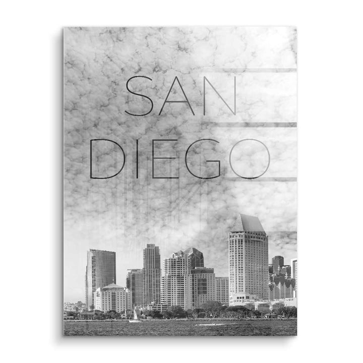 Schwarz-weiß Wandbild San Diego Skyline mit modernem Schriftzug und Marmorhintergrund