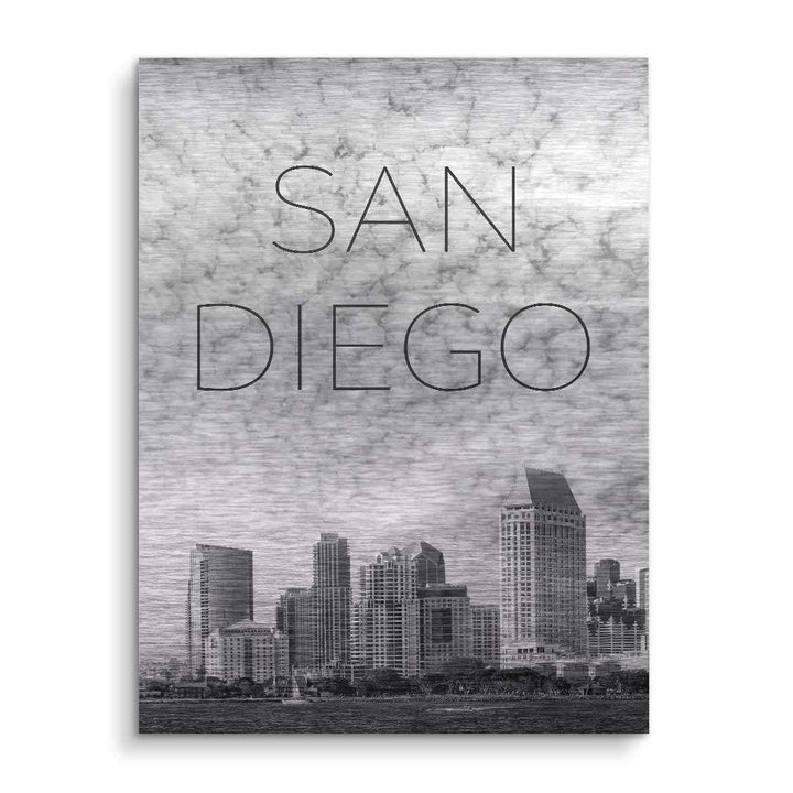 Modernes Wandbild San Diego Skyline in Schwarz-Weiß auf gebürstetem Aluminium