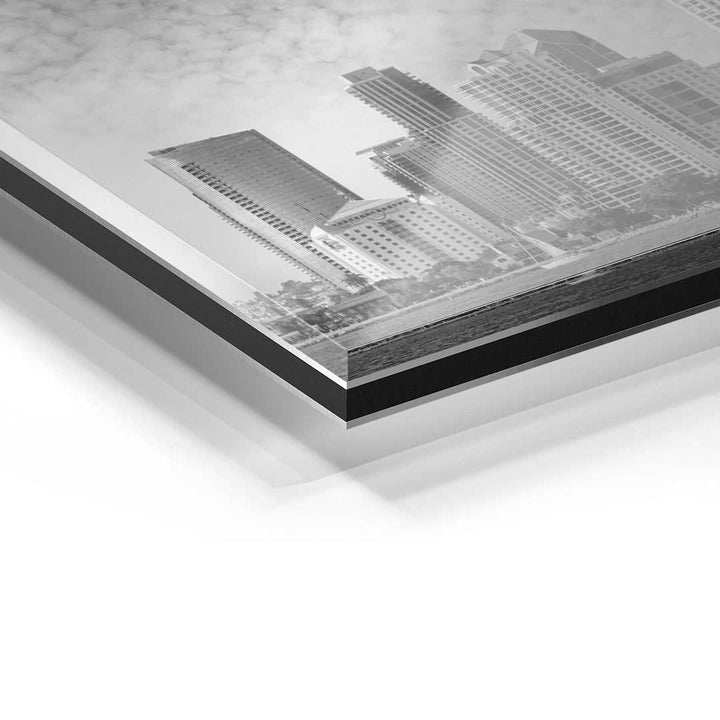 Detailaufnahme Wandbild San Diego Skyline in Schwarz-Weiß auf Acrylglas, moderne Kunst