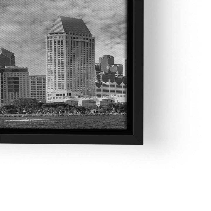 Schwarz-weiß Wandbild mit moderner Skyline von San Diego und markanten Hochhäusern