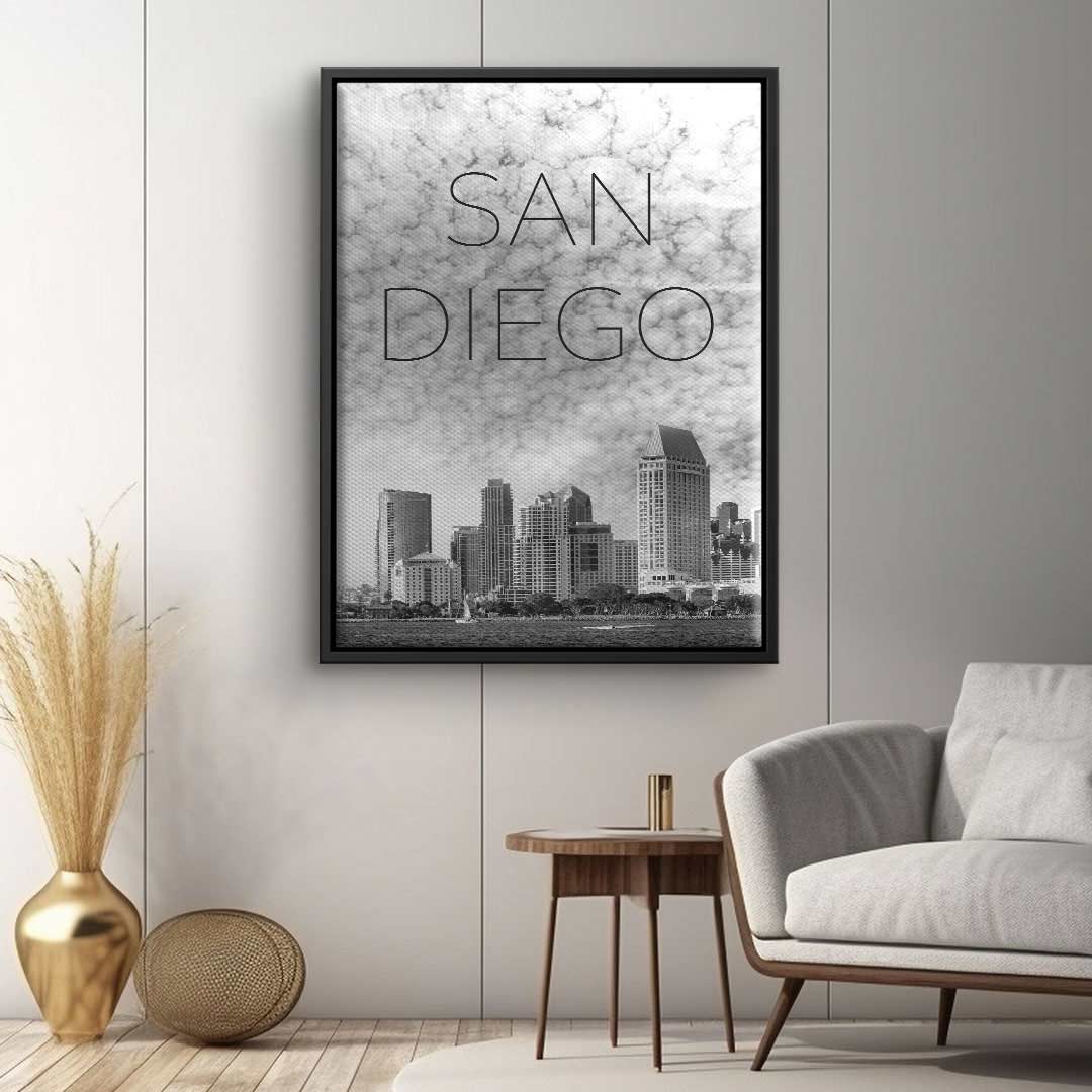 Modernes Wandbild San Diego Skyline in Schwarz-Weiß als stilvolle Wanddeko im Wohnzimmer