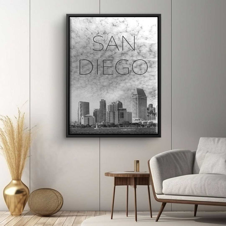Modernes Wandbild San Diego Skyline in Schwarz-Weiß als stilvolle Wanddeko im Wohnzimmer