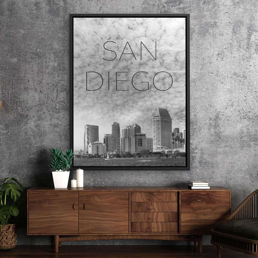 Modernes Wandbild San Diego Skyline in Schwarz-Weiß auf Betonwand, Wohnzimmer Dekoration