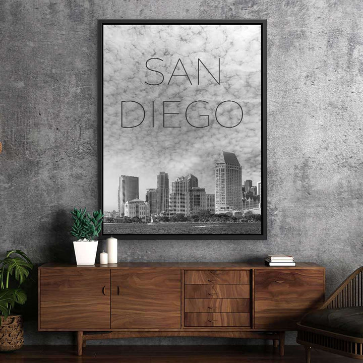 Modernes Wandbild San Diego Skyline in Schwarz-Weiß auf Betonwand, Wohnzimmer Dekoration