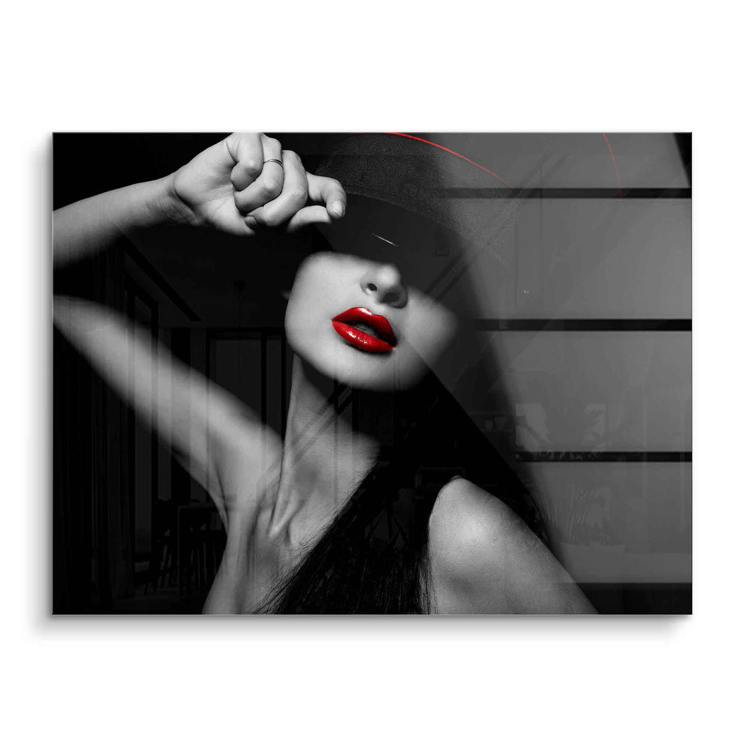 Schwarz-weiß Acryl Wandbild Frau mit rotem Lippenstift und Hut, modernes Kunstbild