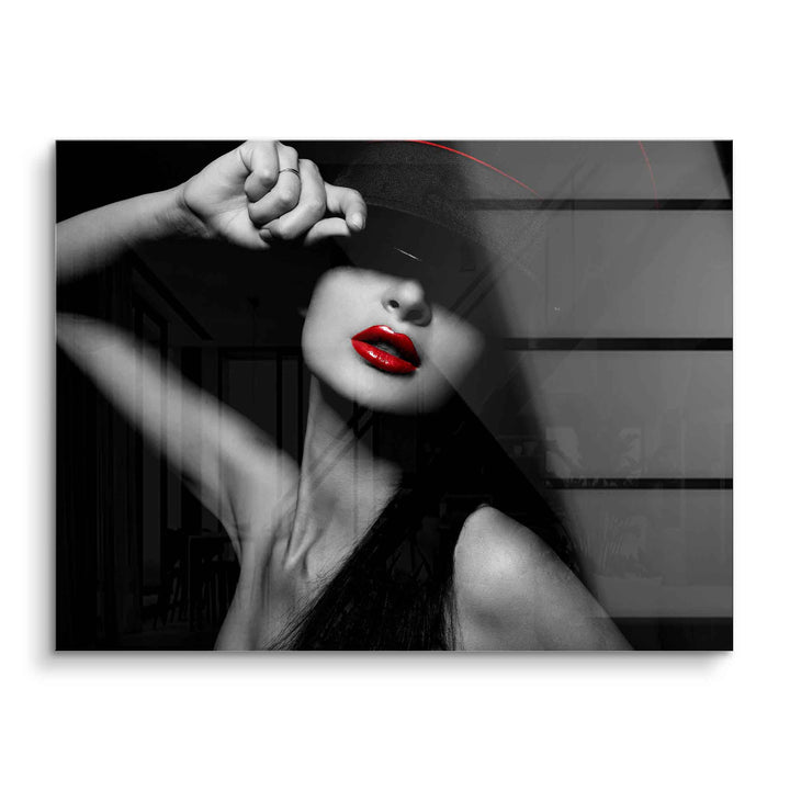 Schwarz-weiß Acryl Wandbild Frau mit rotem Lippenstift und Hut, modernes Kunstbild