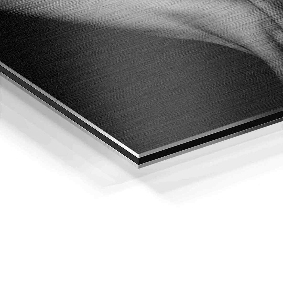 Detailaufnahme Wandbild schwarz-weiß auf gebürstetem Aluminium, moderne Kunst