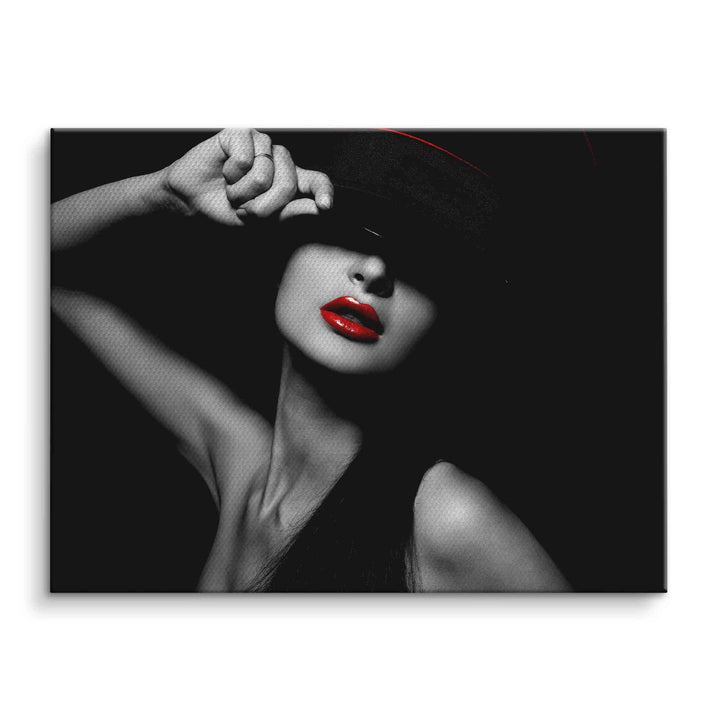 Schwarz-weiß Wandbild Frau mit Hut und roten Lippen, modernes Fashion Kunstbild auf Leinwand