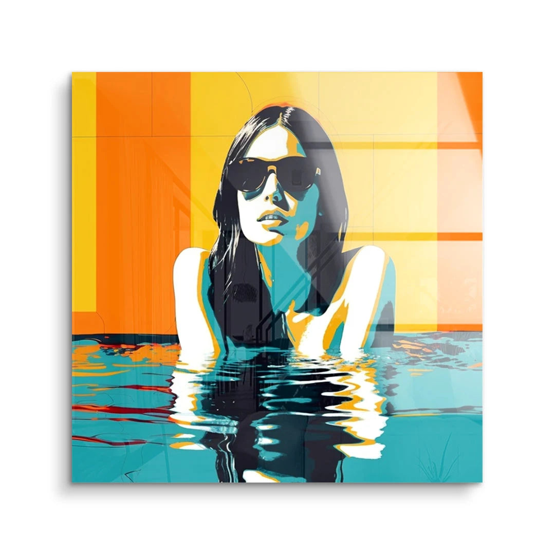 Modernes Wandbild mit Frau im Pool, Sonnenbrille, bunte Pop Art Farben, Acrylglas