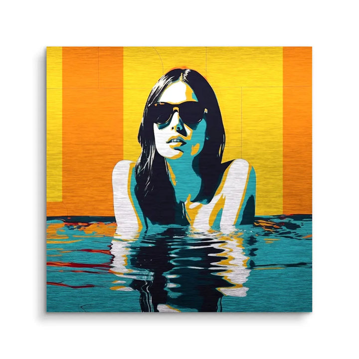 Pop Art Wandbild Frau mit Sonnenbrille im Pool vor gelb-orangem Hintergrund, moderne Kunst
