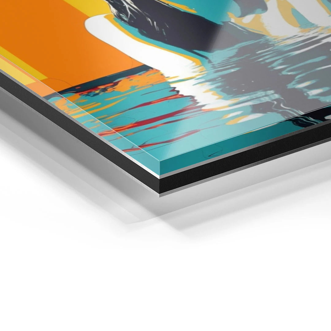 Detailaufnahme Wandbild Schwimmtag auf Acrylglas, bunte Wasser- und Figurenmotive