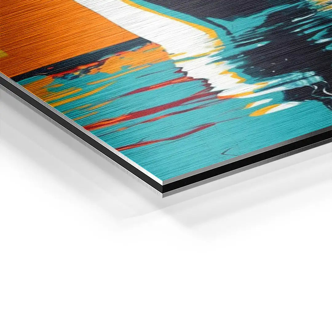 Detailaufnahme modernes Wandbild auf Aluminium mit abstraktem Schwimm-Motiv, bunte Farben