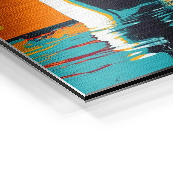 Detailaufnahme modernes Wandbild auf Aluminium mit abstraktem Schwimm-Motiv, bunte Farben