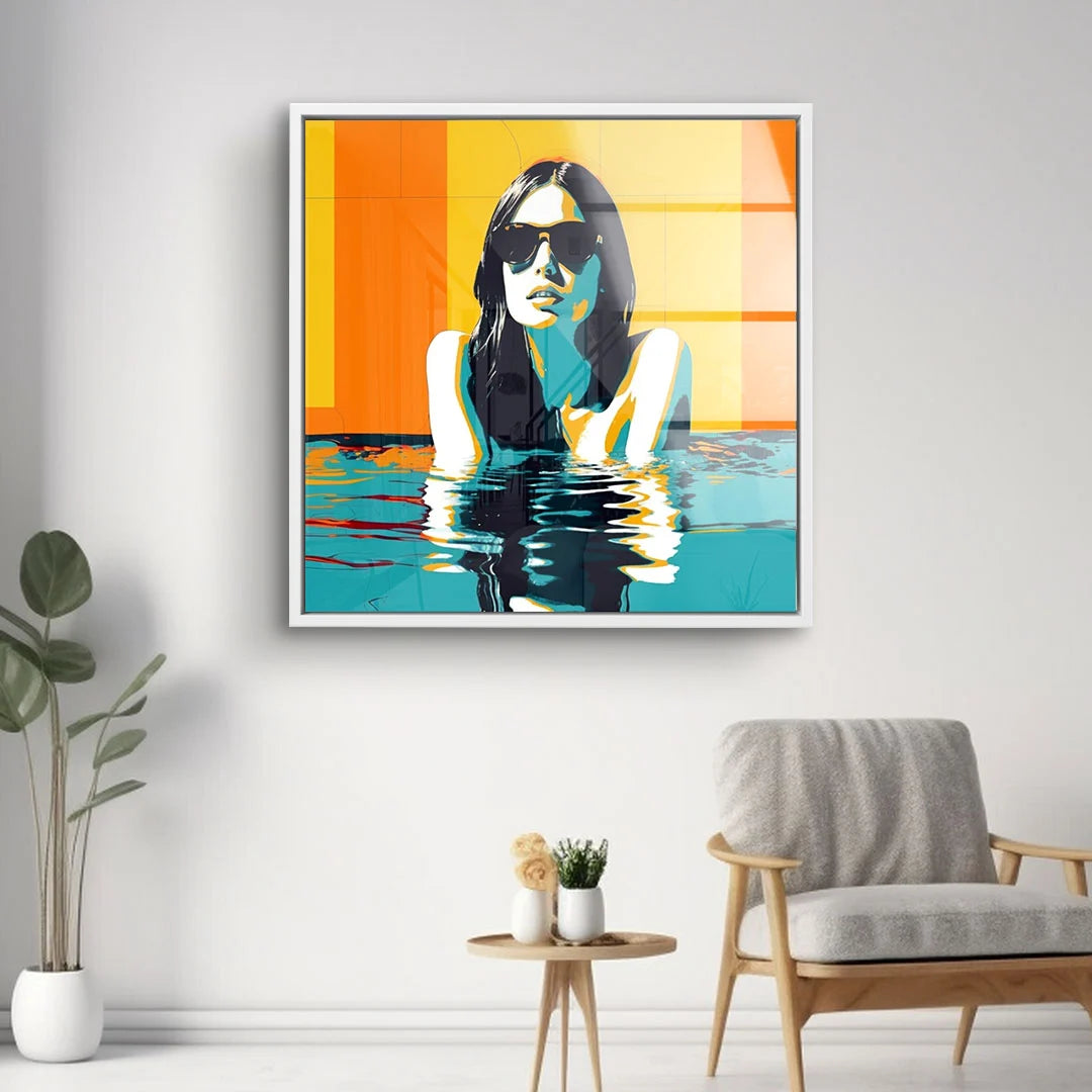 Modernes Wandbild Schwimmtag mit stilisierter Frau im Pool, leuchtende Farben, Pop Art