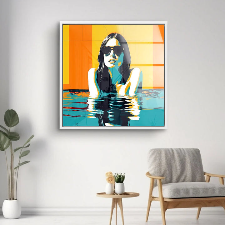 Modernes Wandbild Schwimmtag mit stilisierter Frau im Pool, leuchtende Farben, Pop Art