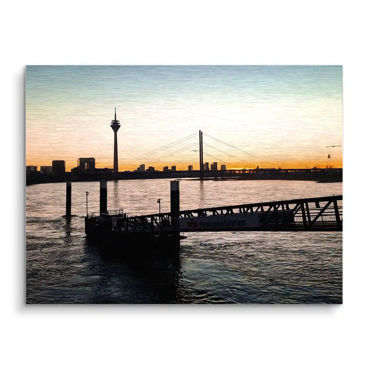 Modernes Wandbild mit Skyline, Brücke und Fluss bei Sonnenuntergang, maritime Kunst