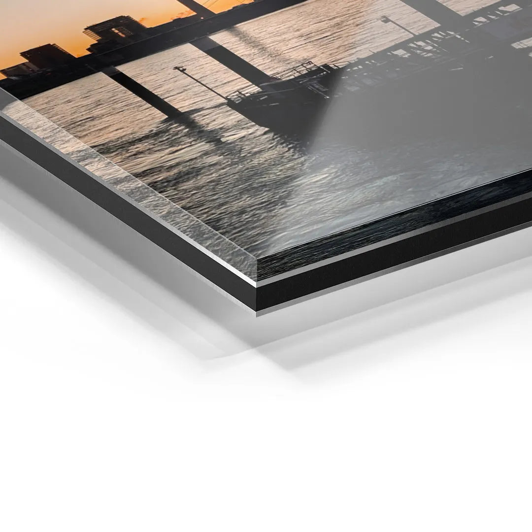 Detailansicht Acrylglas Wandbild mit Meeresmotiv und Sonnenuntergang, moderne Kunst für Wohnzimmer