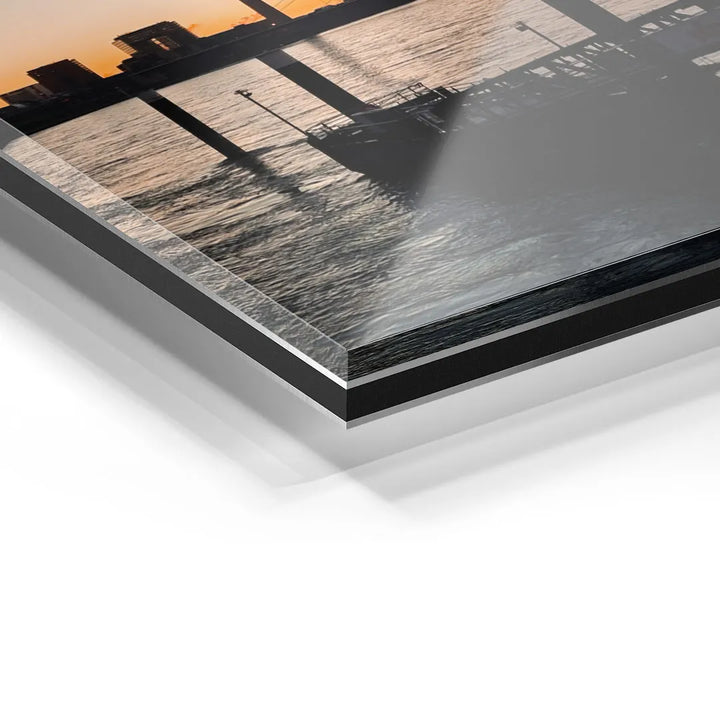 Detailansicht Acrylglas Wandbild mit Meeresmotiv und Sonnenuntergang, moderne Kunst für Wohnzimmer