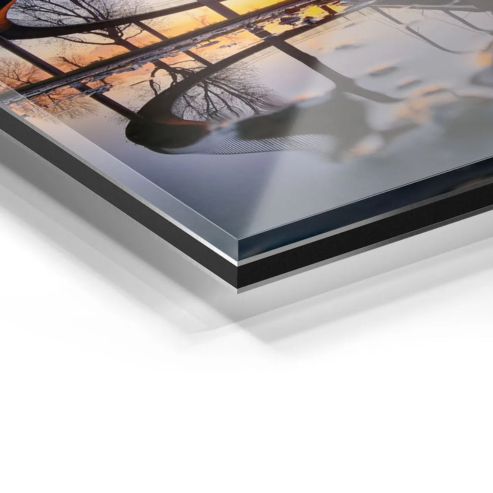 Detailaufnahme Acrylglas-Wandbild mit See, Bäumen und Sonnenuntergang, hochwertige Kunst