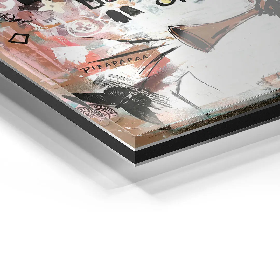 Detailansicht Acrylglas Wandbild mit Collage aus Musikmotiven und bunten Farben