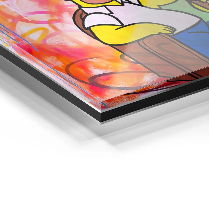 Detailansicht Acrylglas-Wandbild mit Simpsons-Motiv, buntem Hintergrund und klaren Kanten