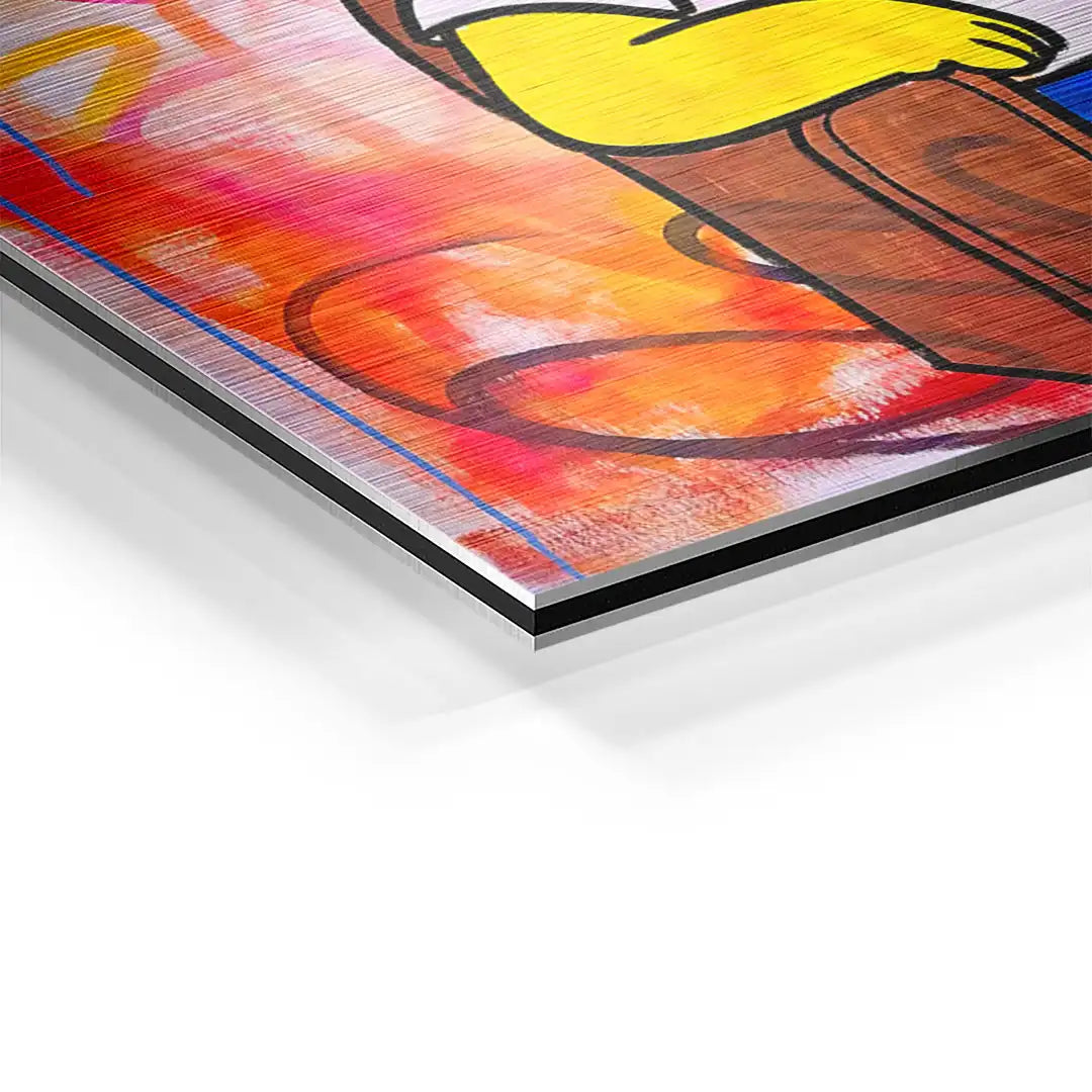 Detail eines farbenfrohen Pop Art Wandbilds im Comic-Stil auf Aluminiumplatte