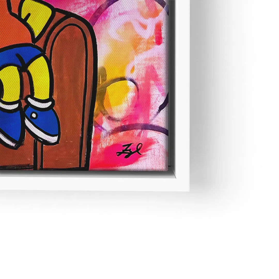 Modernes Wandbild im Comic-Stil, Teil einer Figur auf bunter Graffiti-Leinwand