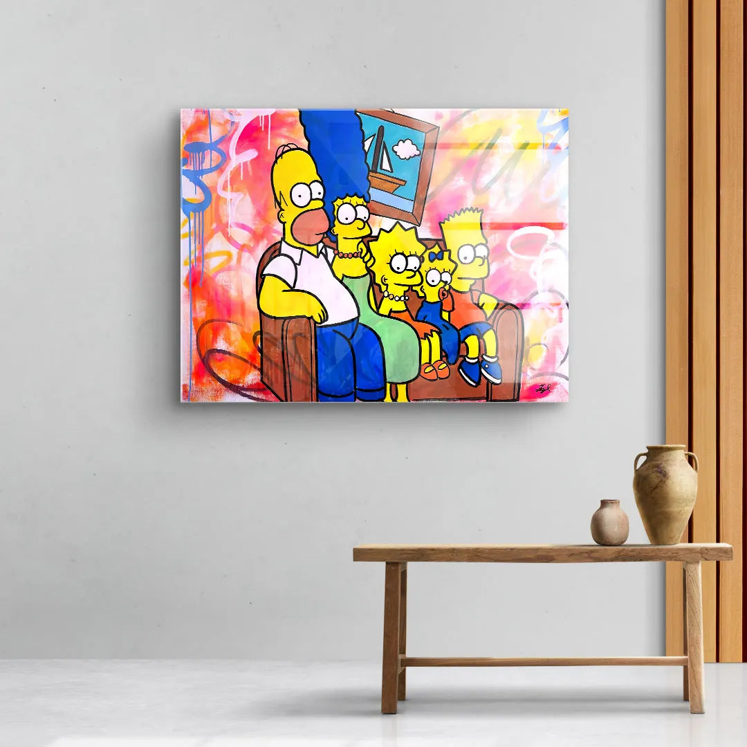 Modernes Wandbild mit Simpsons-Familie, Pop Art Stil, bunte Graffiti-Elemente, Wohnzimmer
