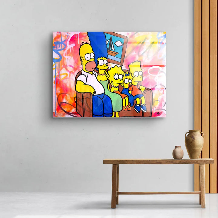 Modernes Wandbild mit Simpsons-Familie, Pop Art Stil, bunte Graffiti-Elemente, Wohnzimmer
